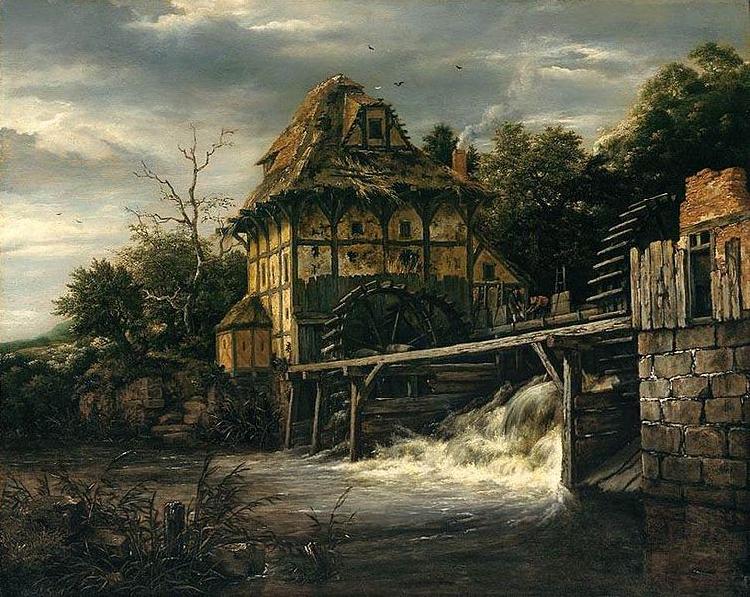 RUISDAEL, Jacob Isaackszon van Two Undershot Watermills with Men Opening a Sluice oil painting picture